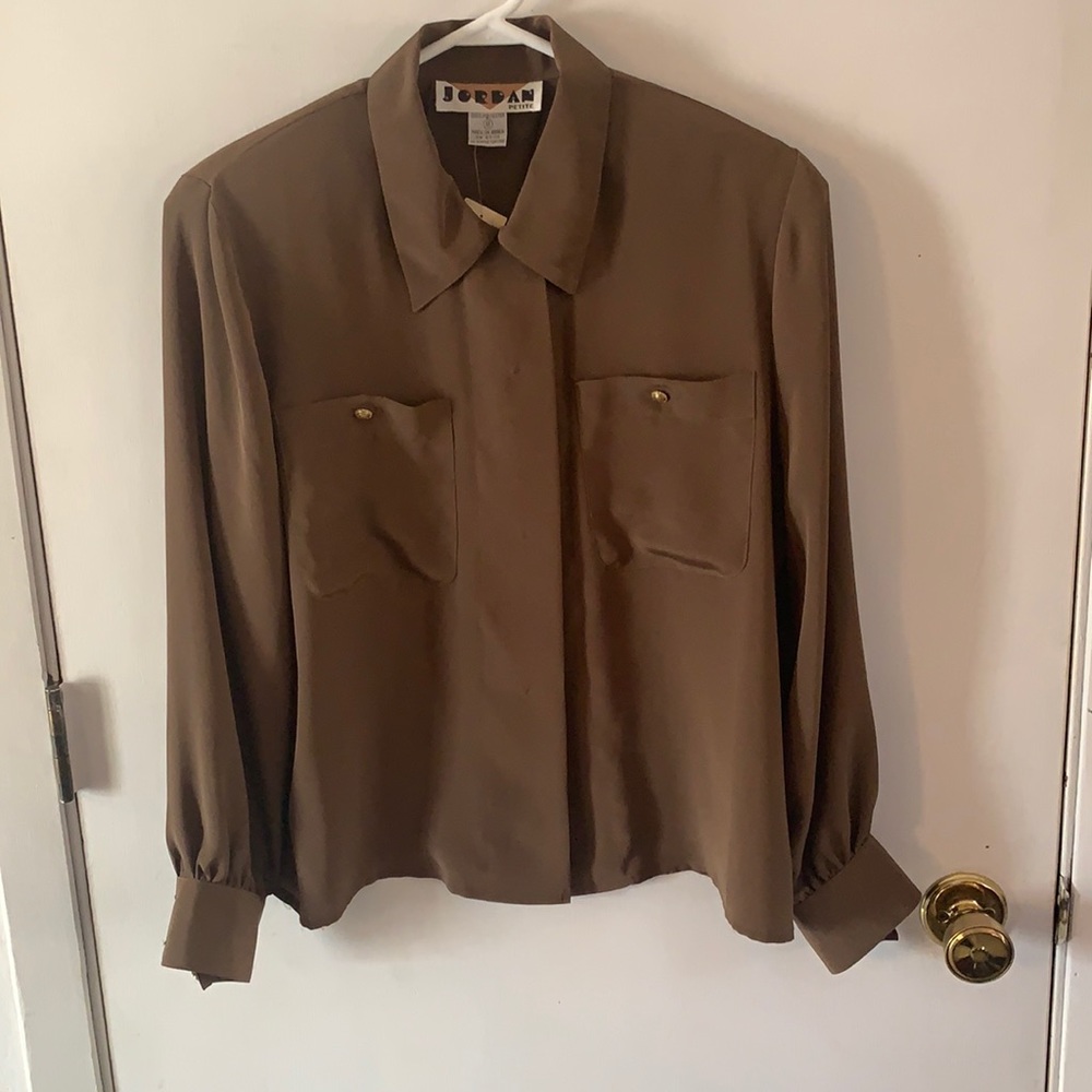 Vintage 80s Jordan olive green long sleeve silky blouse with shoulder pads